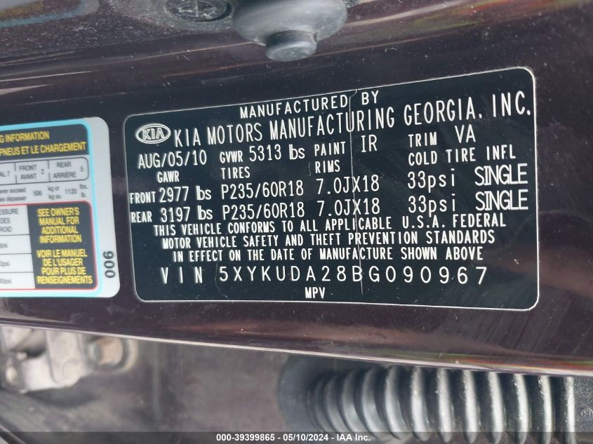 2011 Kia Sorento Ex V6 VIN: 5XYKUDA28BG090967 Lot: 39399865
