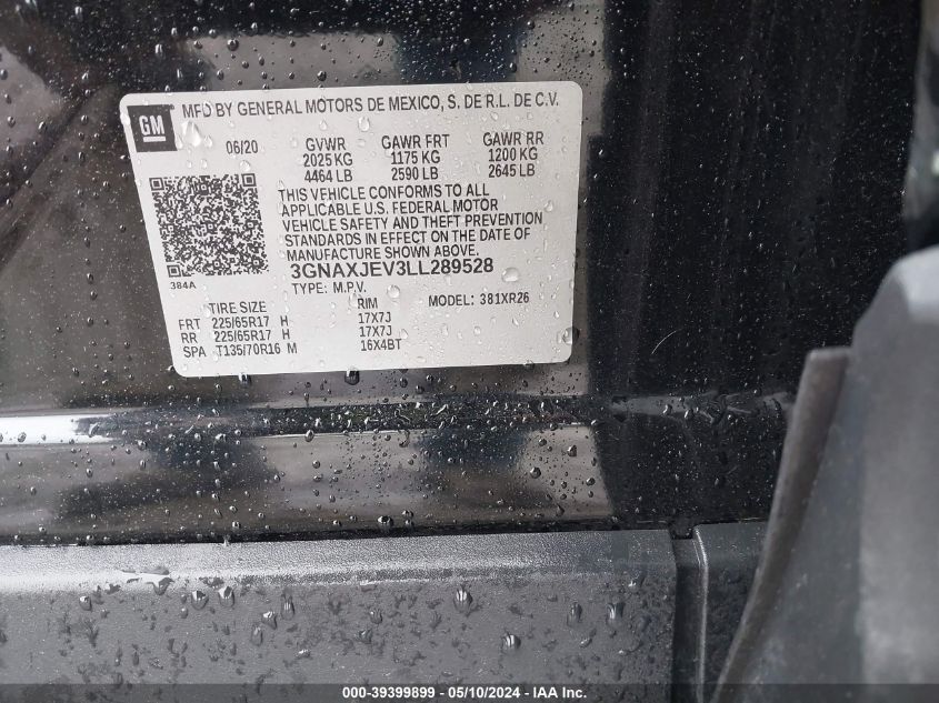 2020 Chevrolet Equinox Fwd 2Fl VIN: 3GNAXJEV3LL289528 Lot: 39399899