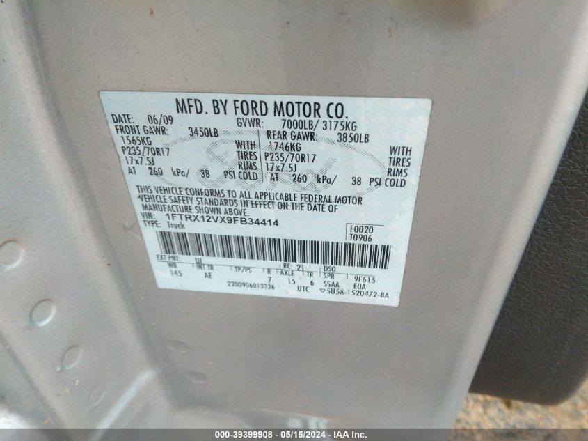 2009 Ford F-150 Lariat/Xl/Xlt VIN: 1FTRX12VX9FB34414 Lot: 39399908