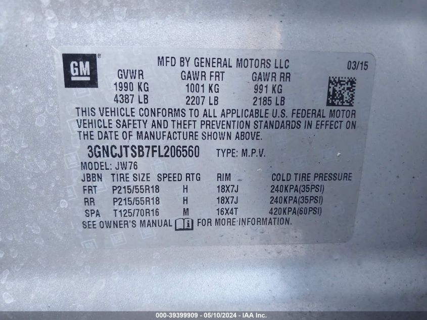 2015 Chevrolet Trax Ltz VIN: 3GNCJTSB7FL206560 Lot: 39399909