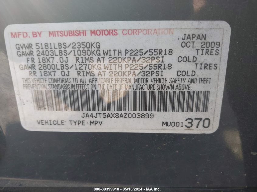 2010 Mitsubishi Outlander Gt VIN: JA4JT5AX8AZ003899 Lot: 39399910