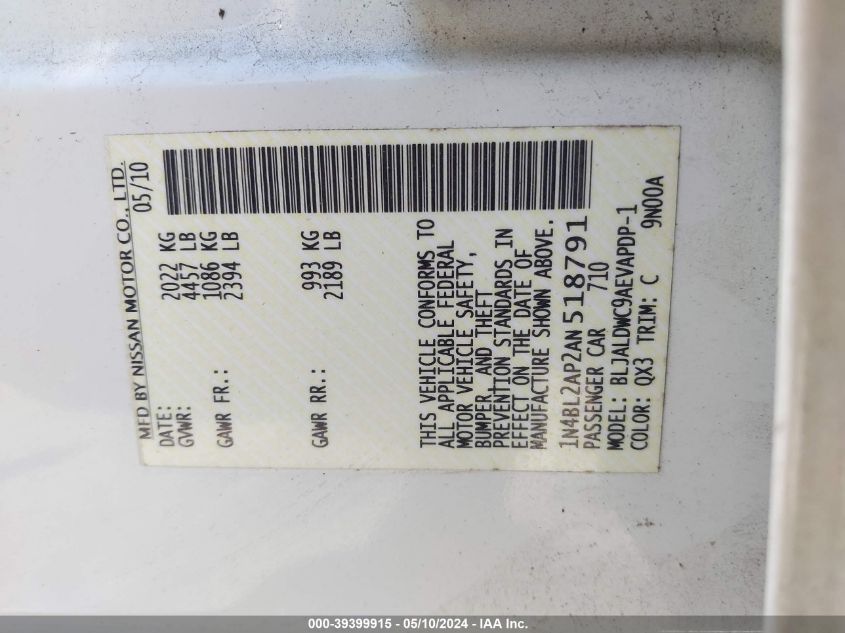 2010 Nissan Altima 3.5 Sr VIN: 1N4BL2AP2AN518791 Lot: 39399915