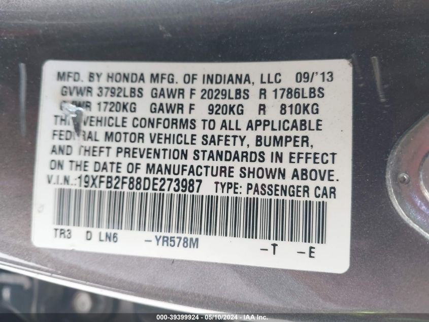 2013 Honda Civic Ex VIN: 19XFB2F88DE273987 Lot: 39399924