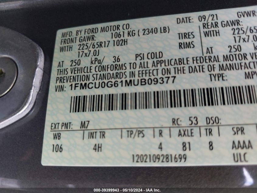 1FMCU0G61MUB09377 2021 Ford Escape Se