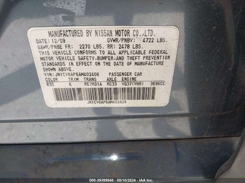 2010 Infiniti G37 Journey VIN: JN1CV6AP6AM402406 Lot: 39399948
