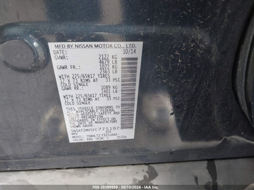 2015 Nissan Rogue Sv VIN: 5N1AT2MV5FC775197 Lot: 39399959