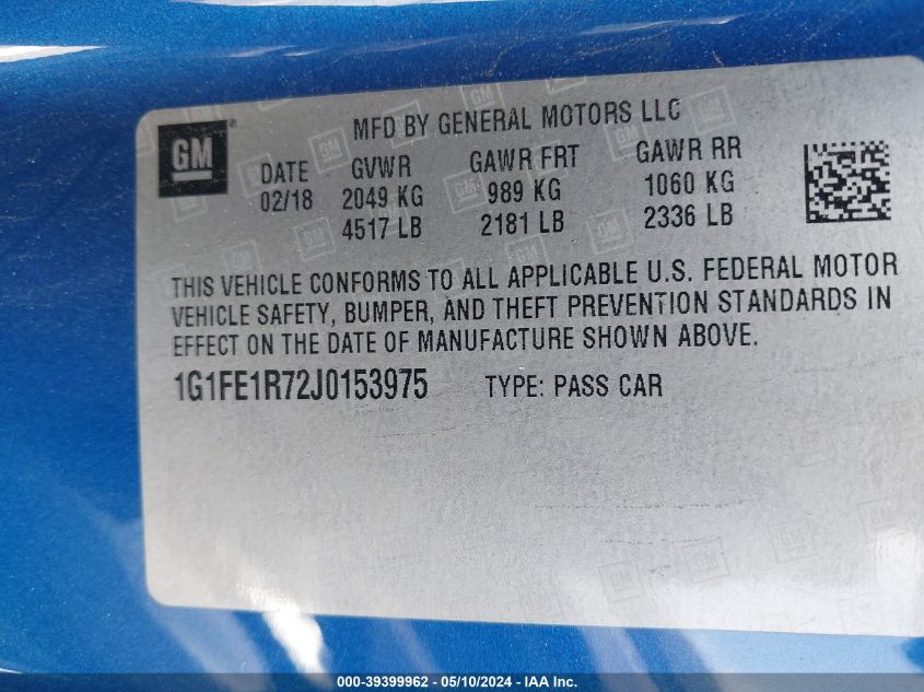 2018 Chevrolet Camaro 1Ss VIN: 1G1FE1R72J0153975 Lot: 39399962