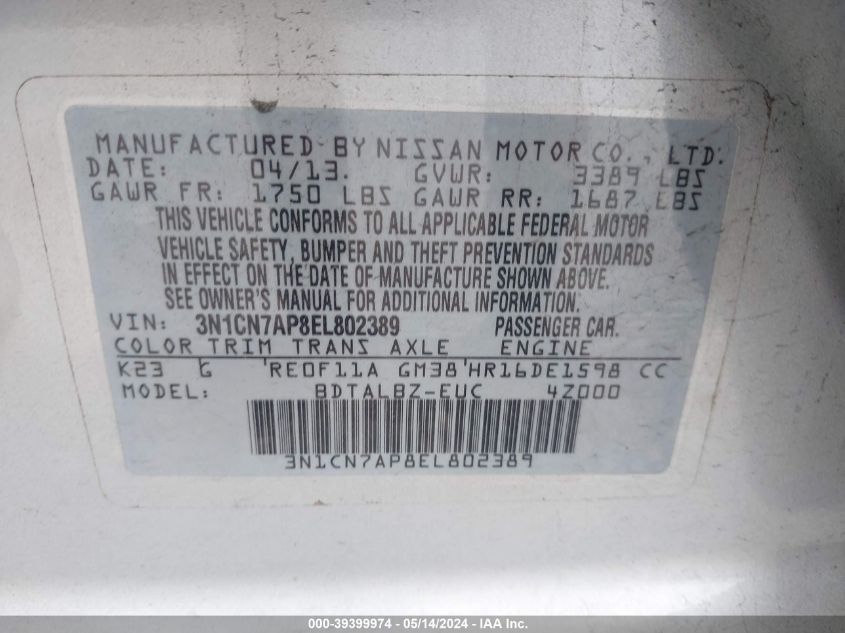 2014 Nissan Versa 1.6 Sv VIN: 3N1CN7AP8EL802389 Lot: 39399974