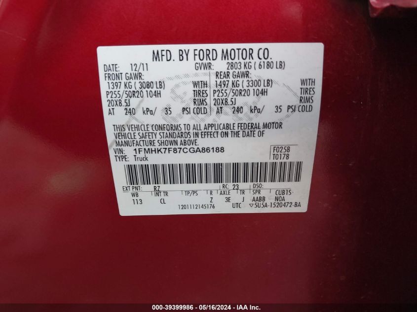 2012 Ford Explorer Limited VIN: 1FMHK7F87CGA86188 Lot: 39399986