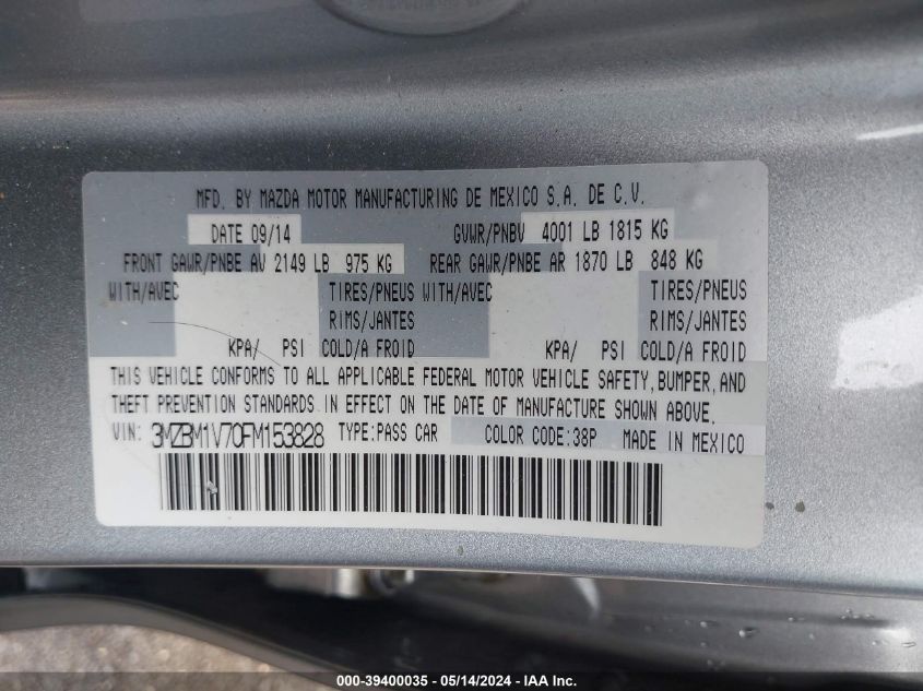 2015 Mazda Mazda3 I Touring VIN: 3MZBM1V70FM153828 Lot: 39400035