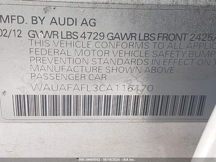 2012 Audi A4 2.0T Premium VIN: WAUAFAFL3CA116170 Lot: 39400052