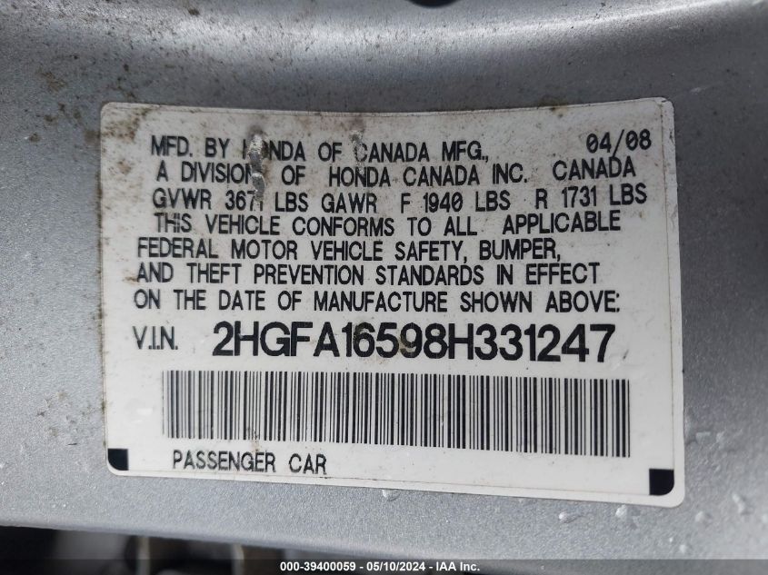 2008 Honda Civic Lx VIN: 2HGFA16598H331247 Lot: 39400059