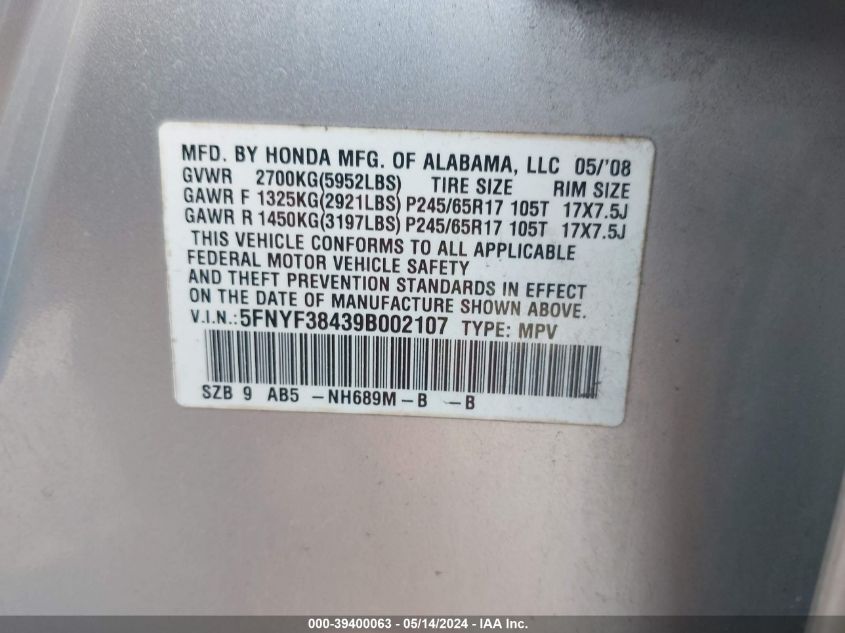 2009 Honda Pilot Ex VIN: 5FNYF38439B002107 Lot: 39400063