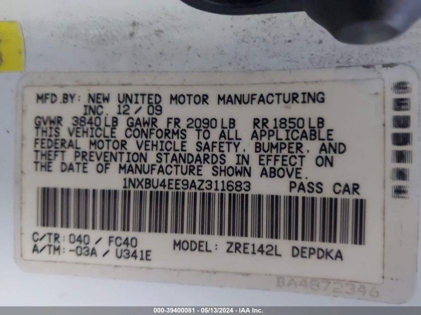 2010 Toyota Corolla Le VIN: 1NXBU4EE9AZ311683 Lot: 39400081