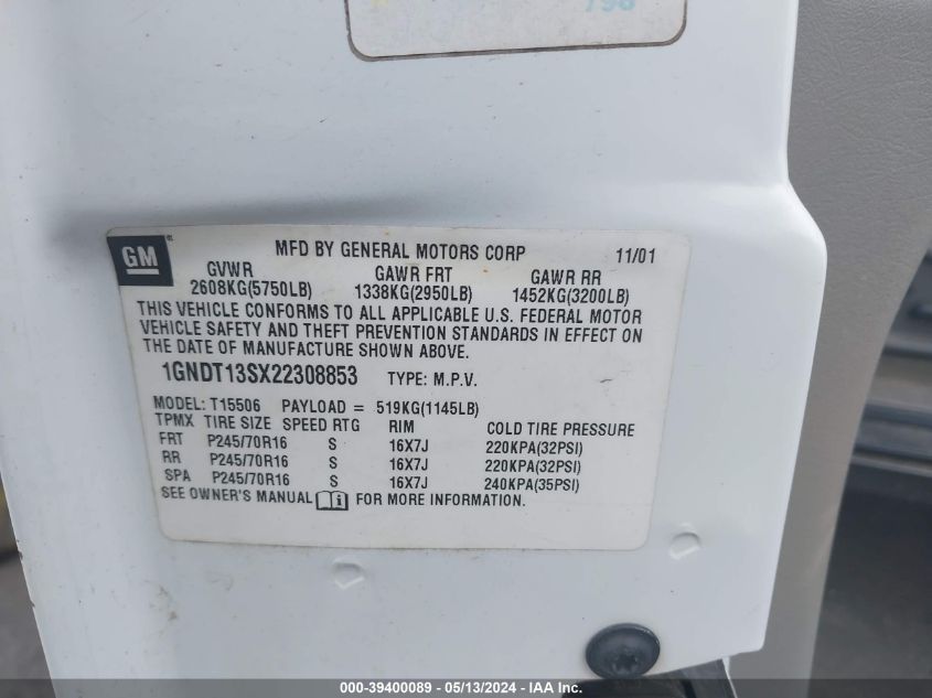 2002 Chevrolet Trailblazer Ls VIN: 1GNDT13SX22308853 Lot: 39400089