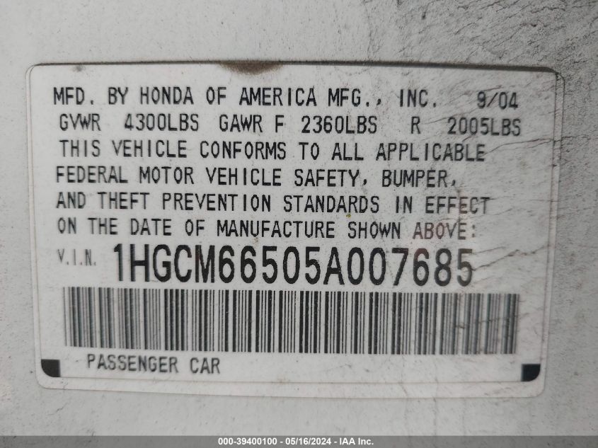 2005 Honda Accord Ex VIN: 1HGCM66505A007685 Lot: 39400100