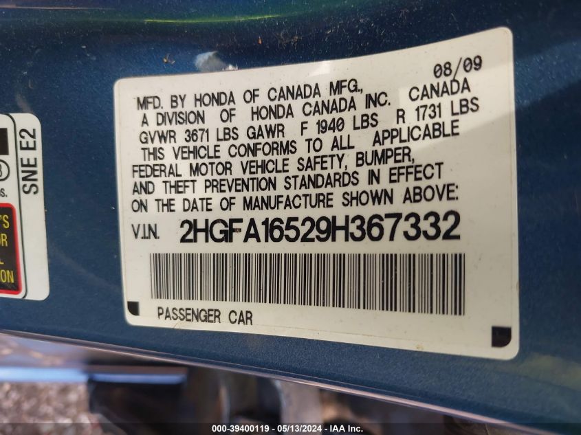 2009 Honda Civic Lx VIN: 2HGFA16529H367332 Lot: 39400119