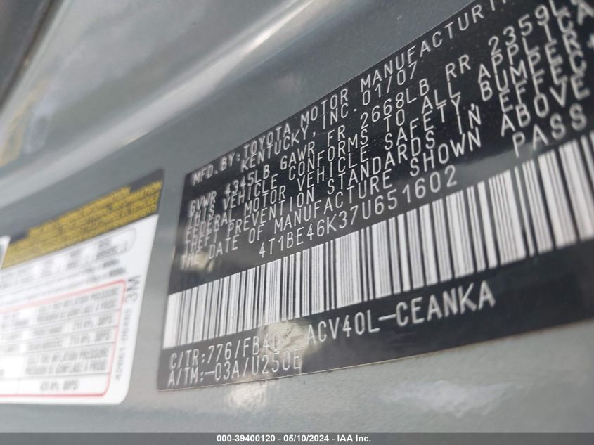 2007 Toyota Camry Le VIN: 4T1BE46K37U651602 Lot: 39400120