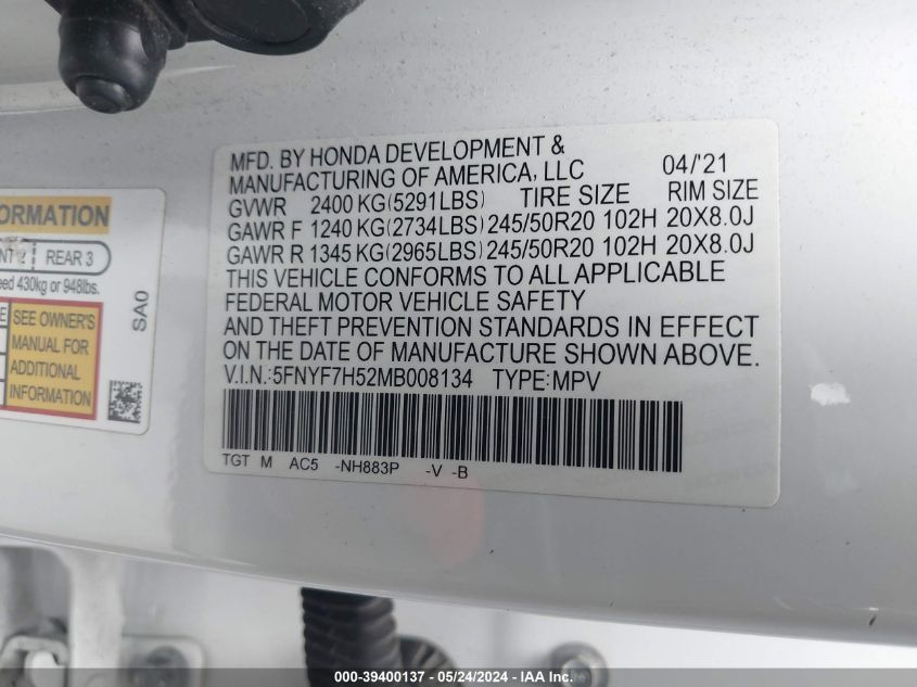 2021 Honda Passport 2Wd Ex-L VIN: 5FNYF7H52MB008134 Lot: 39400137