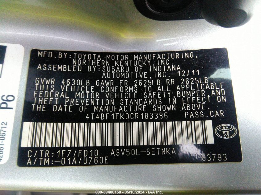 2012 Toyota Camry Le VIN: 4T4BF1FK0CR183386 Lot: 39400158