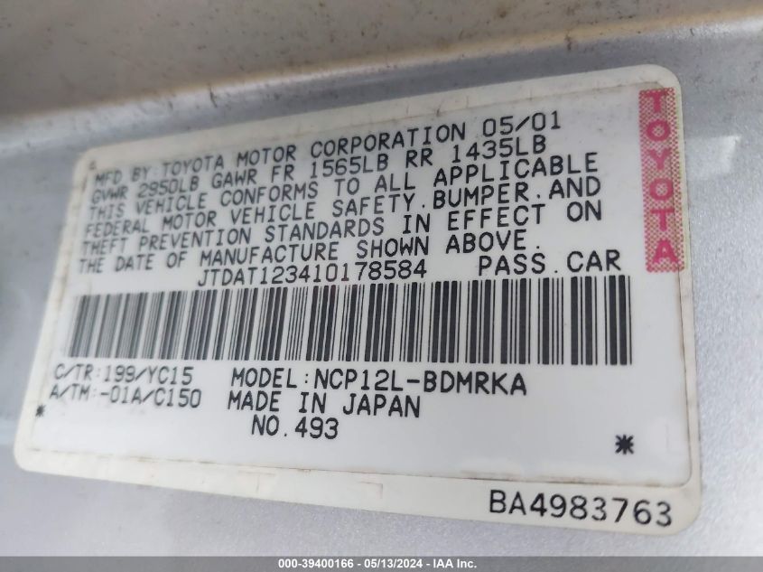 2001 Toyota Echo VIN: JTDAT123410178584 Lot: 39400166