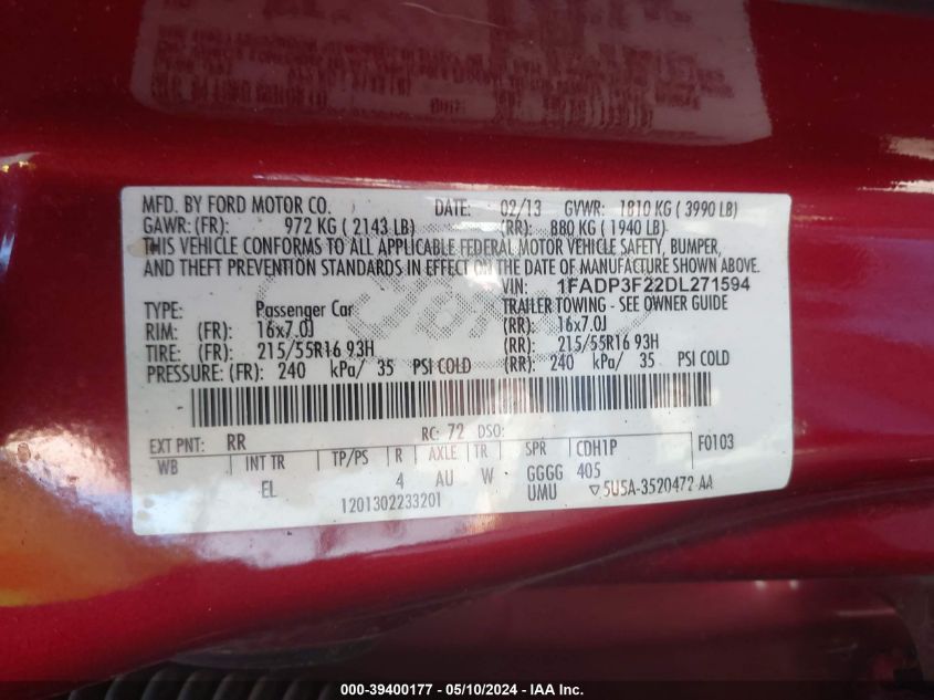 2013 FORD FOCUS SE - 1FADP3F22DL271594