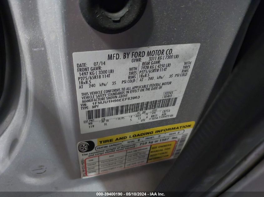 2014 Ford Expedition Xlt VIN: 1FMJU1H56EEF63963 Lot: 39400190