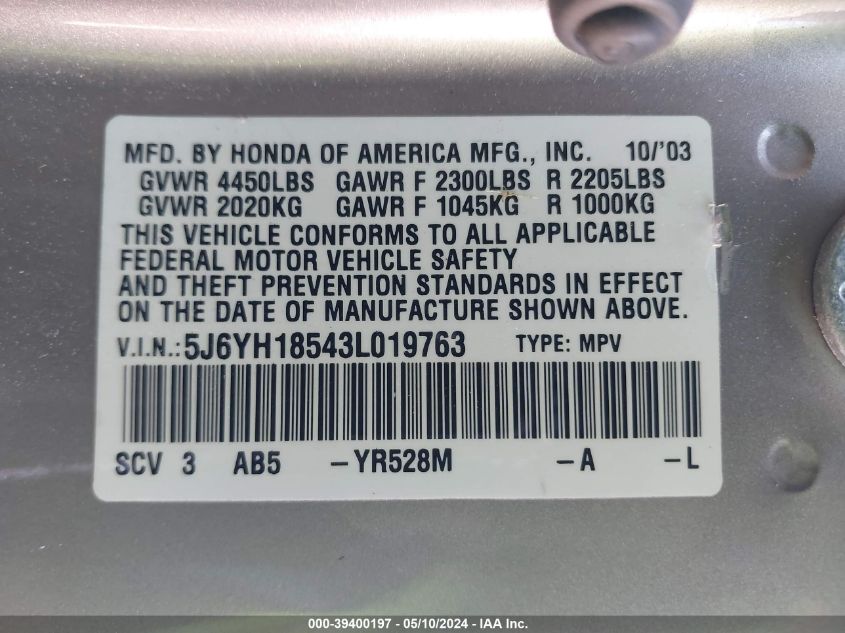 2003 Honda Element Ex VIN: 5J6YH18543L019763 Lot: 39400197