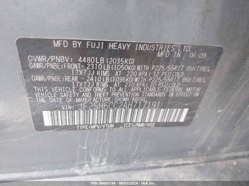 2010 Subaru Forester 2.5X Premium VIN: JF2SH6CC2AH717191 Lot: 39400199
