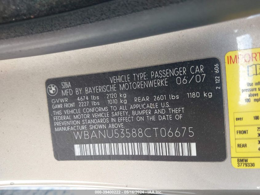 2008 BMW 528 I VIN: WBANU53588CT06675 Lot: 39400222