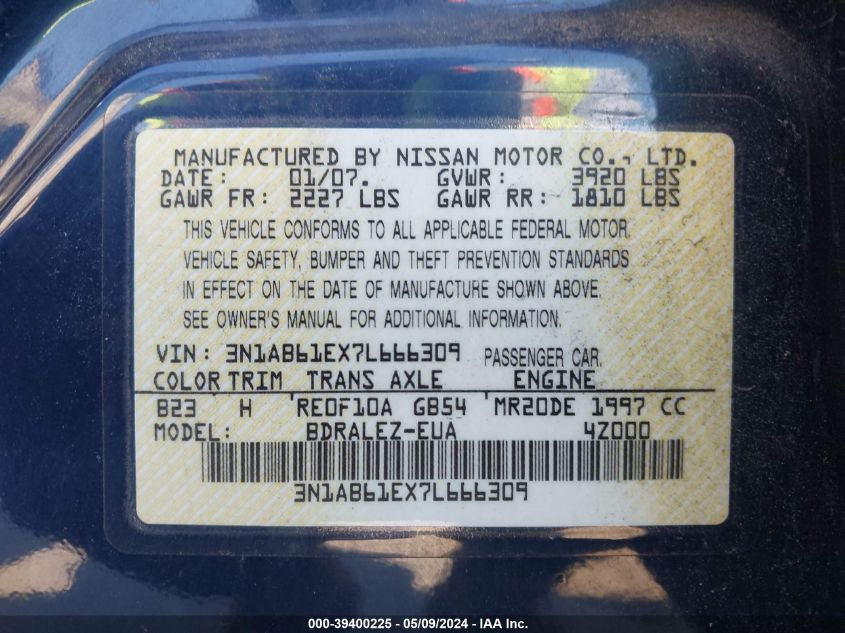 2007 Nissan Sentra 2.0S VIN: 3N1AB61EX7L666309 Lot: 39400225
