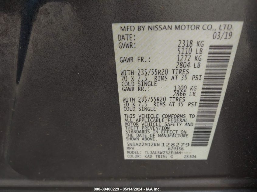 2019 Nissan Murano Platinum VIN: 5N1AZ2MJ2KN128279 Lot: 39400229