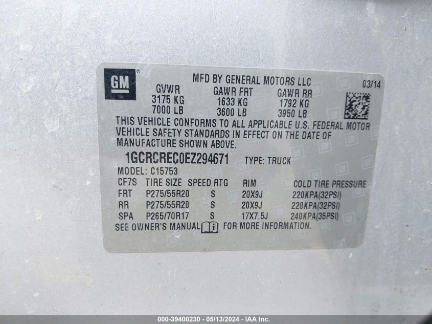 2014 Chevrolet Silverado 1500 1Lt VIN: 1GCRCREC0EZ294671 Lot: 39400230