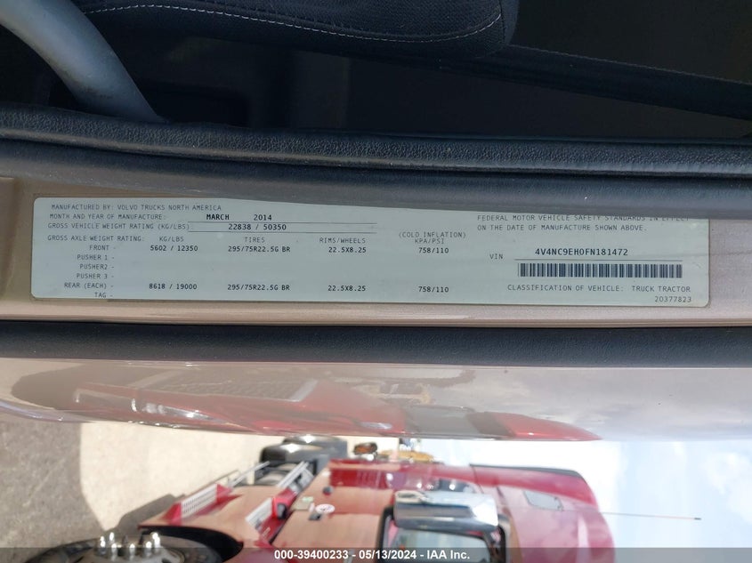 2015 Volvo Vn Vnl VIN: 4V4NC9EH0FN181472 Lot: 39400233