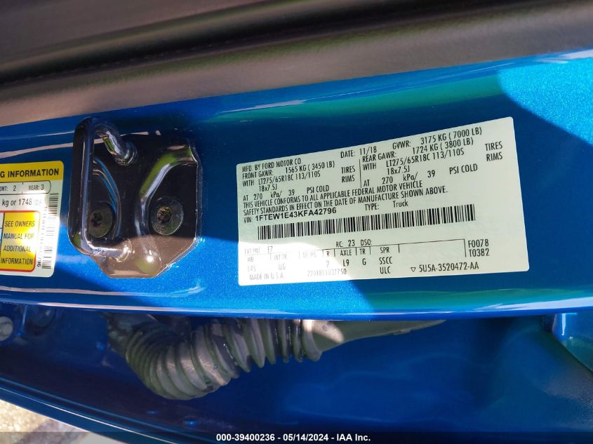 2019 Ford F-150 Xlt VIN: 1FTEW1E43KFA42796 Lot: 39400236
