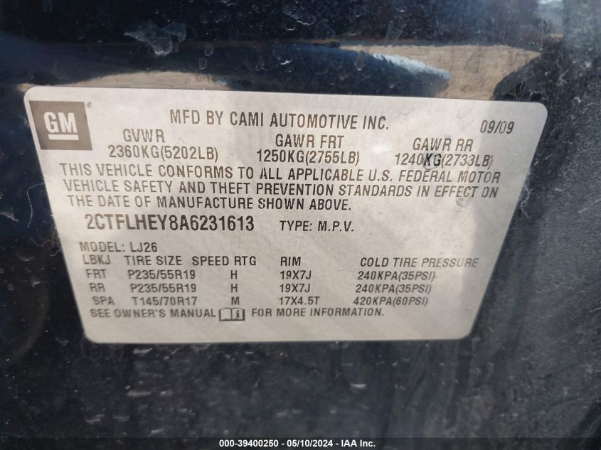 2010 GMC Terrain Slt-2 VIN: 2CTFLHEY8A6231613 Lot: 39400250