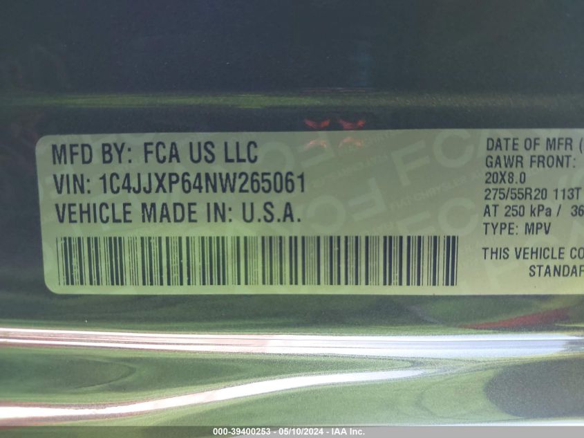 2022 Jeep Wrangler 4Xe Unlimited Sahara 4X4 VIN: 1C4JJXP64NW265061 Lot: 39400253