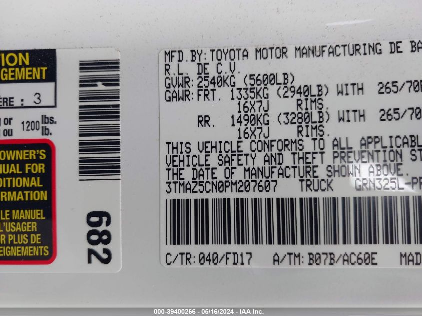 2023 Toyota Tacoma Trd Off Road VIN: 3TMAZ5CN0PM207607 Lot: 39400266