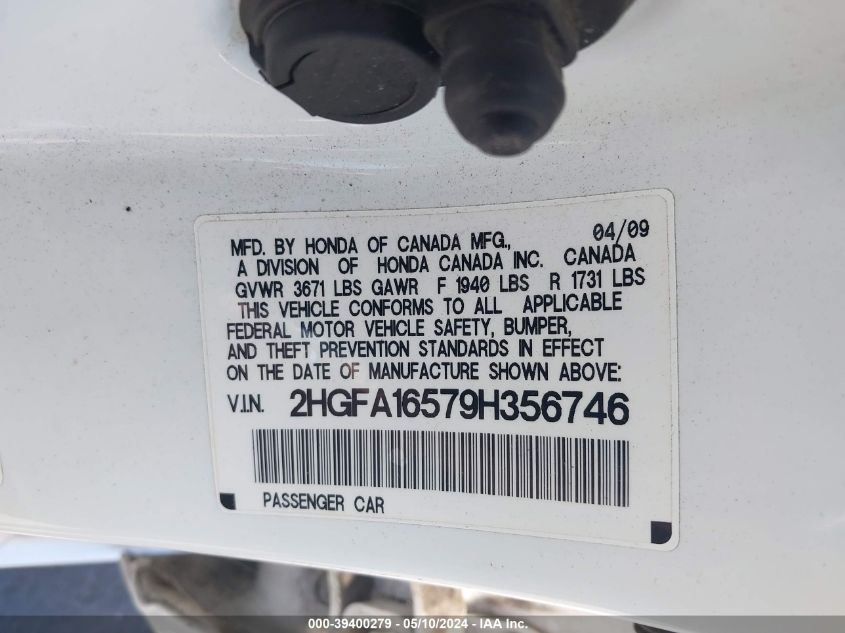 2009 Honda Civic Lx VIN: 2HGFA16579H356746 Lot: 39400279