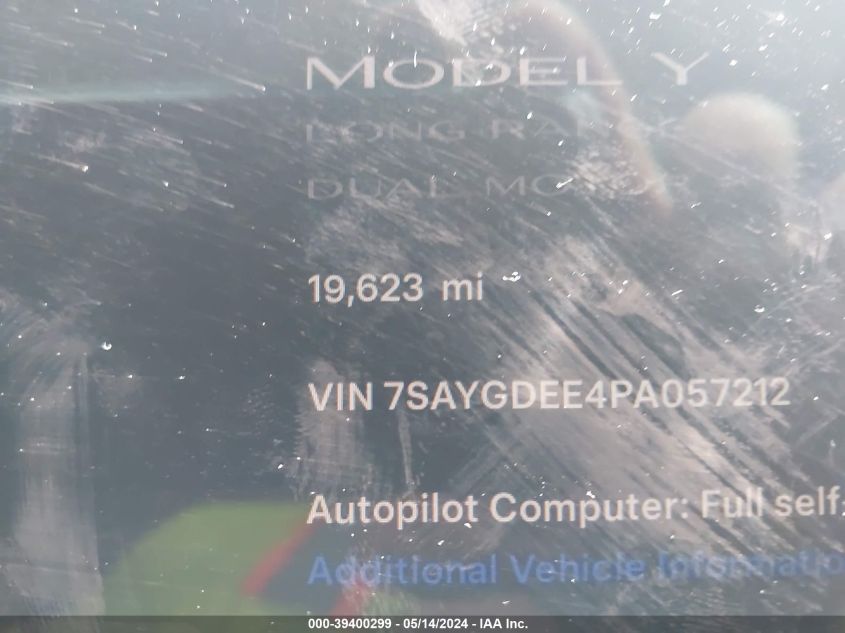 2023 Tesla Model Y Awd/Long Range Dual Motor All-Wheel Drive VIN: 7SAYGDEE4PA057212 Lot: 39400299