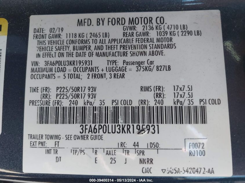 2019 Ford Fusion Hybrid Se VIN: 3FA6P0LU3KR195931 Lot: 39400314