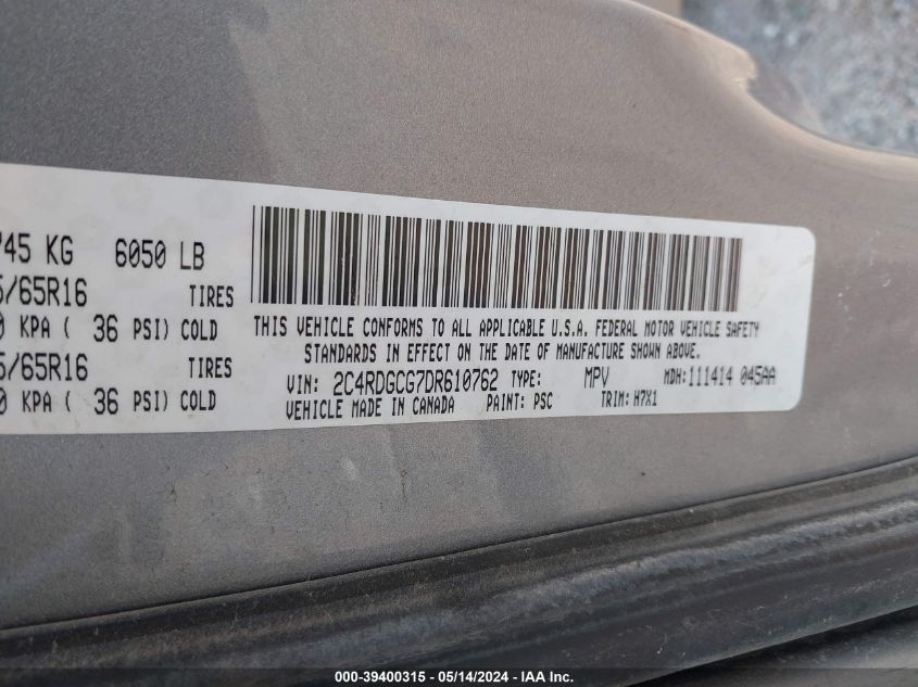 2013 Dodge Grand Caravan Sxt VIN: 2C4RDGCG7DR610762 Lot: 39400315