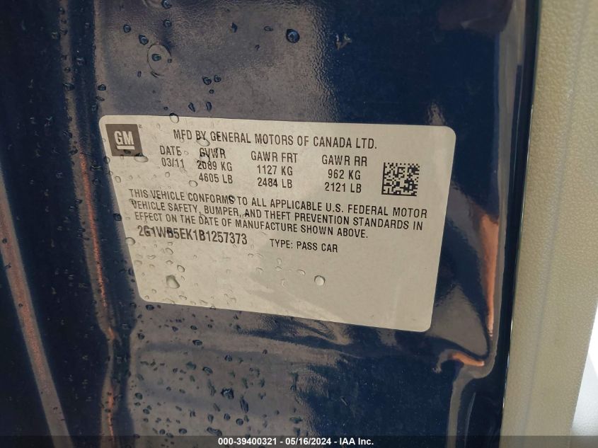 2011 Chevrolet Impala Lt VIN: 2G1WB5EK1B1257373 Lot: 39400321