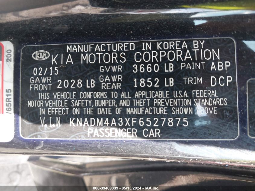 2015 Kia Rio Lx VIN: KNADM4A3XF6527875 Lot: 39400339