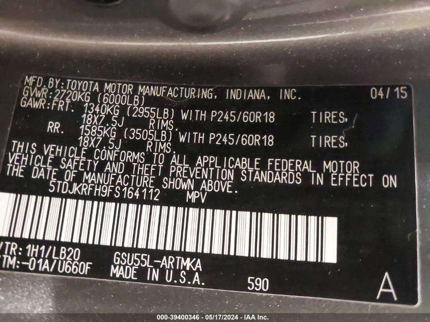 2015 Toyota Highlander Xle V6 VIN: 5TDJKRFH9FS164112 Lot: 39400346