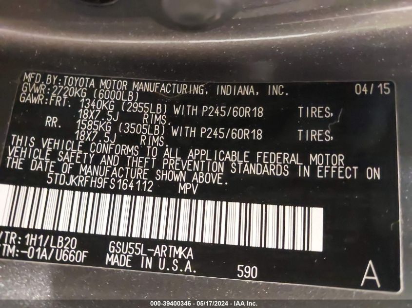 2015 Toyota Highlander Xle V6 VIN: 5TDJKRFH9FS164112 Lot: 39400346