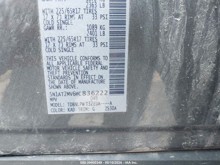 2017 Nissan Rogue S VIN: 5N1AT2MV6HC836222 Lot: 39400349