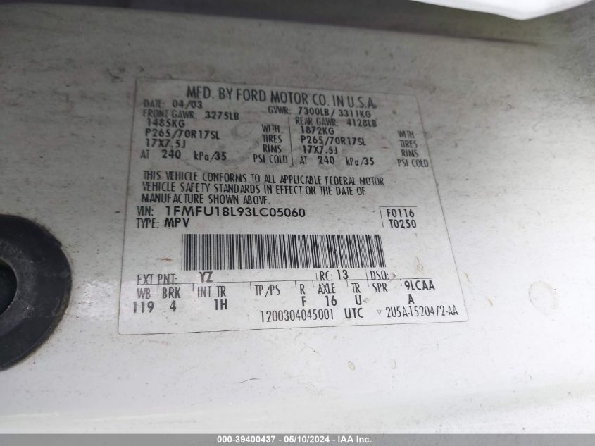 2003 Ford Expedition Eddie Bauer VIN: 1FMFU18L93LC05060 Lot: 39400437