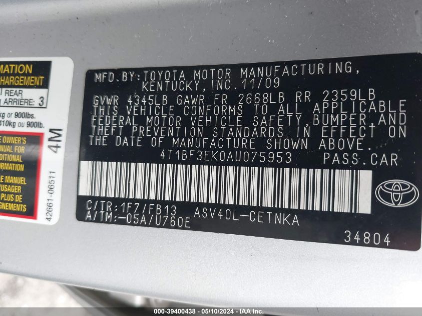 2010 Toyota Camry VIN: 4T1BF3EK0AU075953 Lot: 39400438