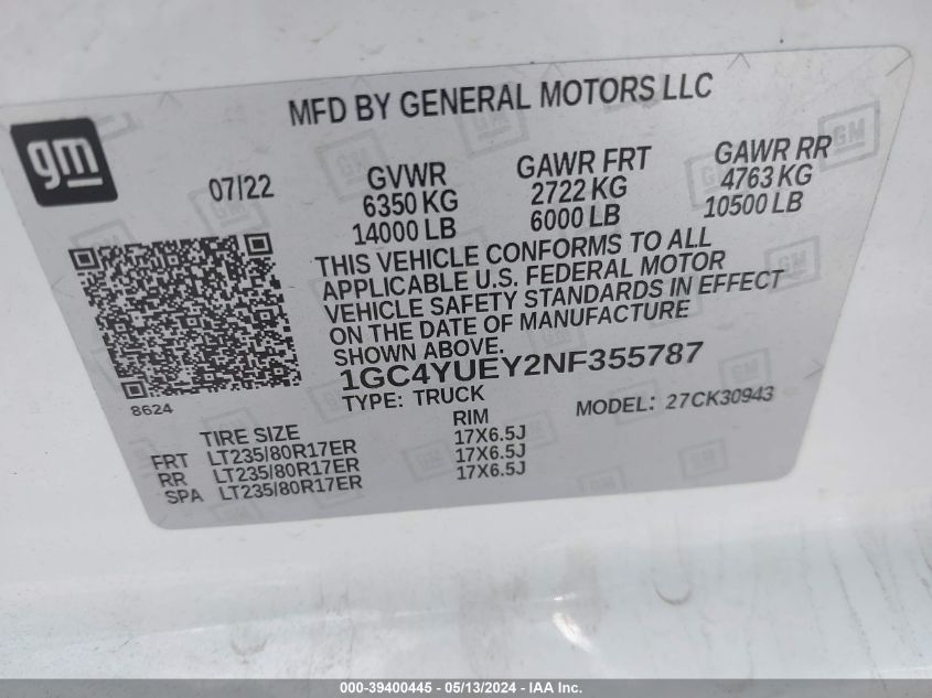 2022 Chevrolet Silverado 3500Hd 4Wd Long Bed Ltz VIN: 1GC4YUEY2NF355787 Lot: 39400445